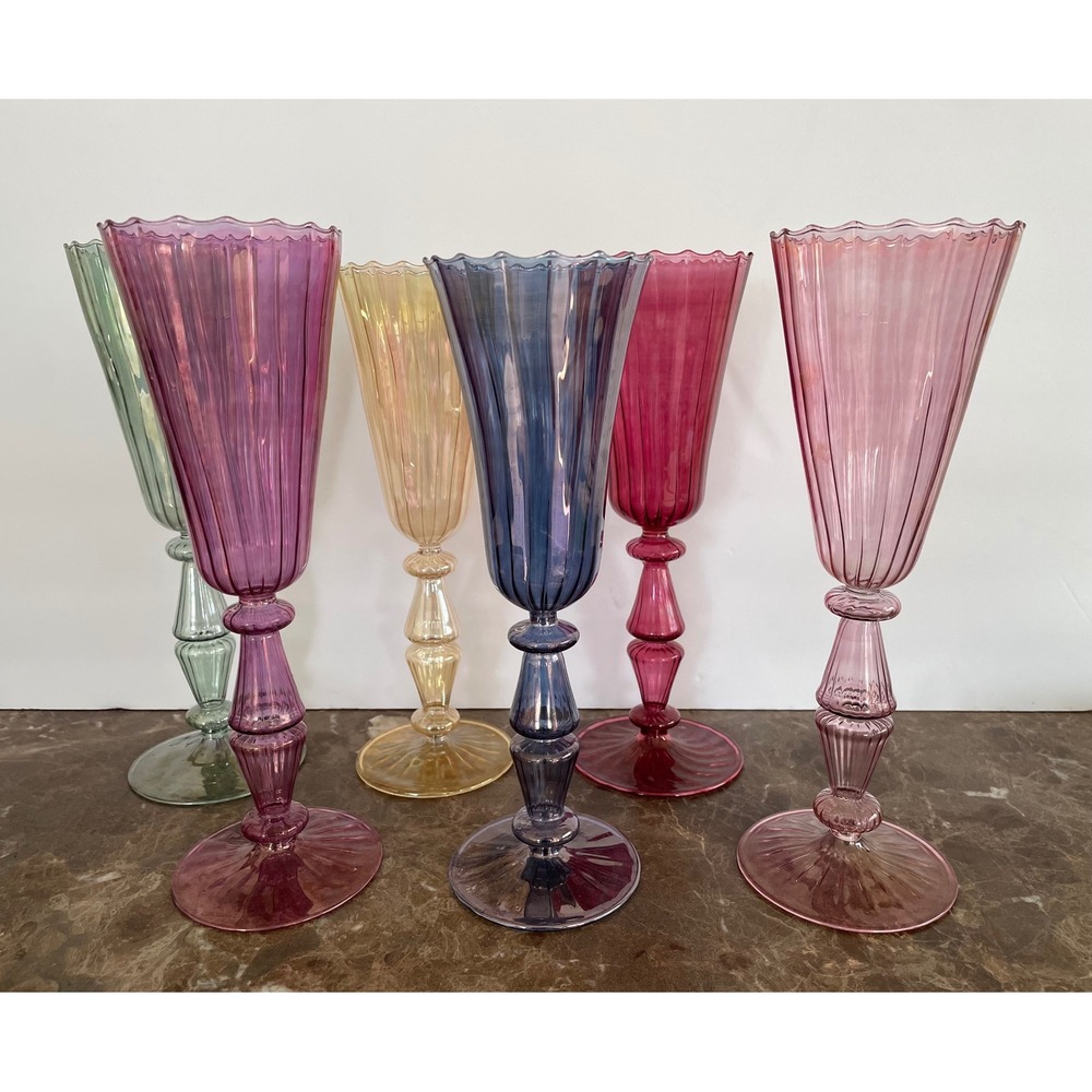 6 Handblown Venetian Murano Glass Iridescent Ribbed Champagne Flutes Multicolor - Picture 5 of 16
